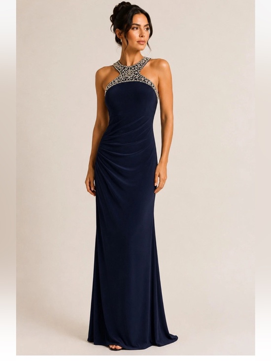Xscape Dresses & Skirts - Xscape Evening Navy Beaded Halter Gown Maxi Dress Formal Evening Prom Size 12